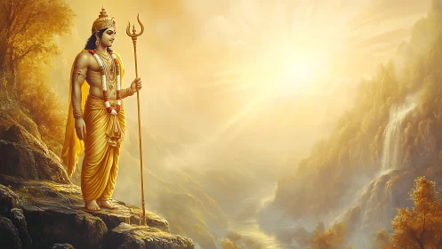 Mythic figure with trident overlooking luminous river valley.