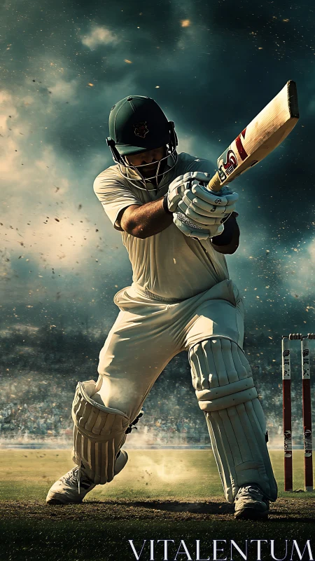 Dynamic cricket batsman captured in dramatic low-angle lighting