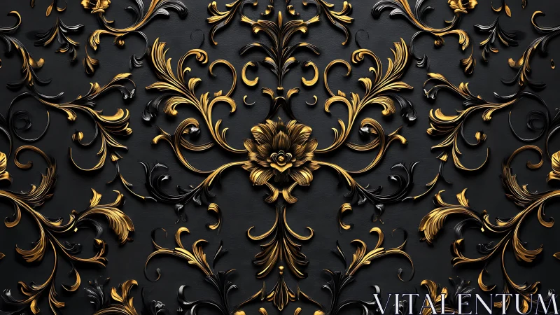 Ornamental gold and black floral relief decorates dark surface