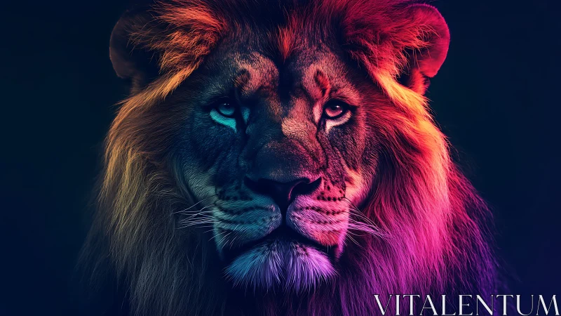 Bilateral neon keylit lion portrait with chromatic mane profile.