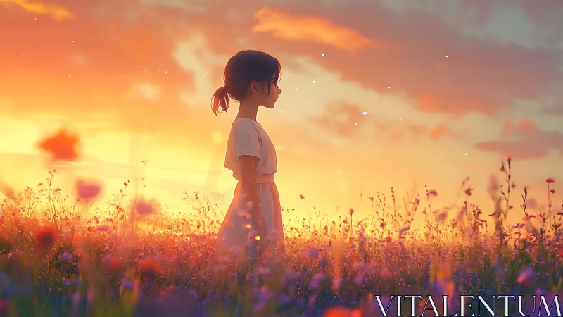 Sunset-kissed daydream drapes a quiet girl in wildflowers