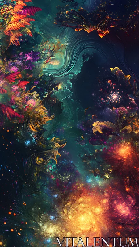 Cosmic forest blooms swirl through luminous nebula light