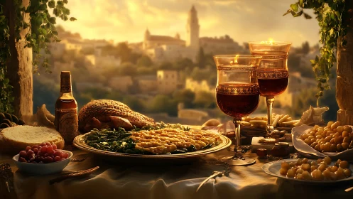 Golden-hour Mediterranean banquet with wine, bread, and legumes
