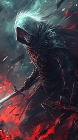 Hooded dark warrior with twin blades in red inferno.