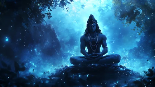 Meditating deity glows within luminous blue forest void.