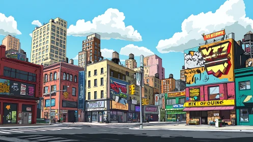 Colorful city corner filled with playful street art energy.