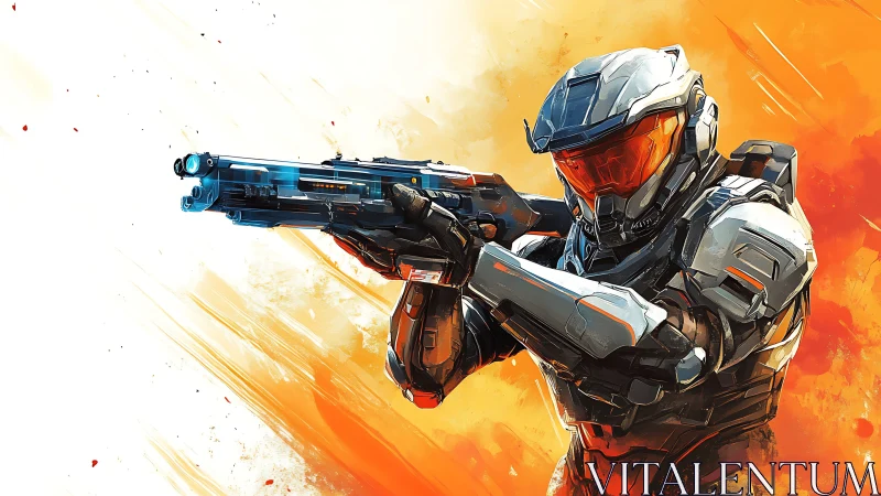 Armored sci fi marksman in dynamic kinetic firing stance.