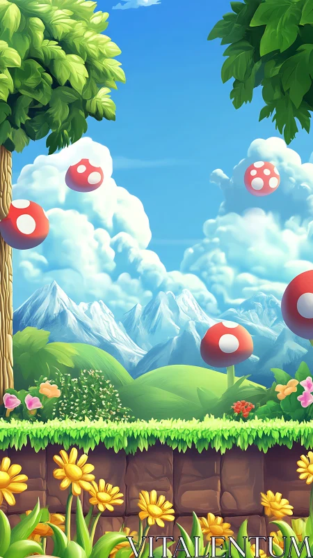 Bright cartoon game landscape with mushrooms and mountains.