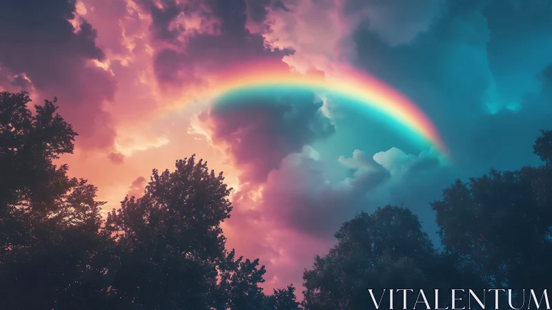 Digital painting of prismatic rainbow over silhouetted forest.