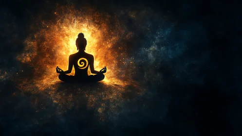 Silhouetted seated figure before radial fiery light field.