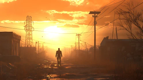 Backlit wanderer traversing derelict utility corridor at dusk.