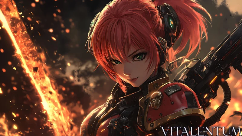 Cyberpunk warrior stands defiant amid burning embers of war