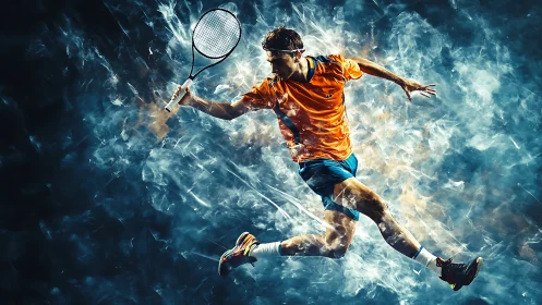 Dynamic tennis player leaps through swirling neon smoke.