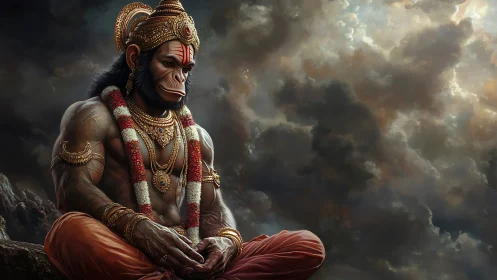 Storm-wreathed monkey deity sinks into molten stillness