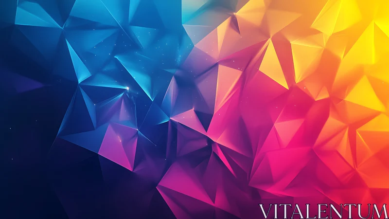 Prismatic low-poly crystals glow in radiant neon gradients.