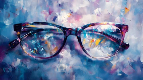Vibrant eyeglasses in abstract impressionist style on colorful canvas.