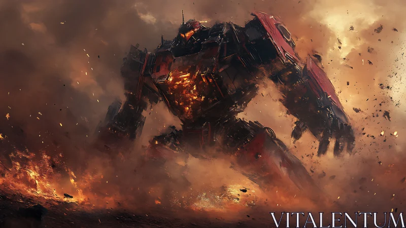 Digital painting of war mech advancing through inferno haze.