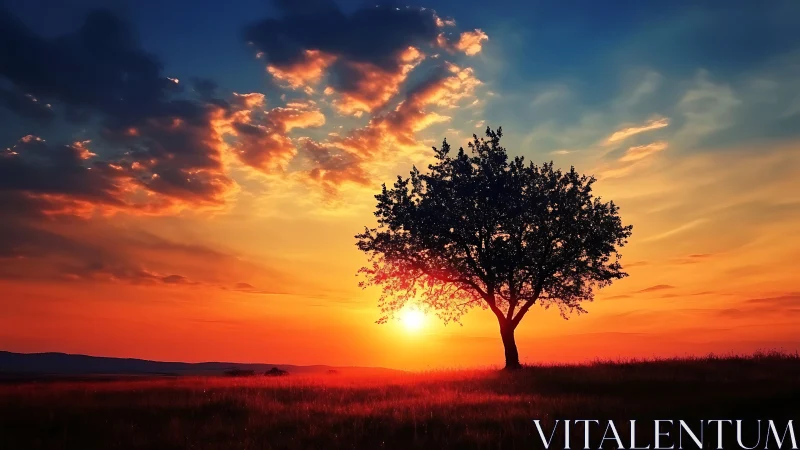 Solitary tree glows against a vivid, blazing sunset horizon.