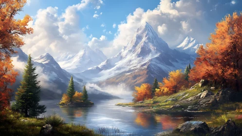 Autumn alpine lake below snowcapped summit in crisp daylight.