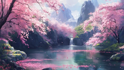 Cherry blossom lake reflects waterfalls and distant peaks