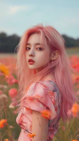 Soft pink-haired girl in dreamy spring wildflower meadow.