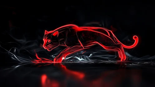 Red Neon Panther: Luminescent Feline Sculpture Against Darkened Backdrop.