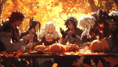 Autumn fantasy feast scene with pumpkins and warm foliage.