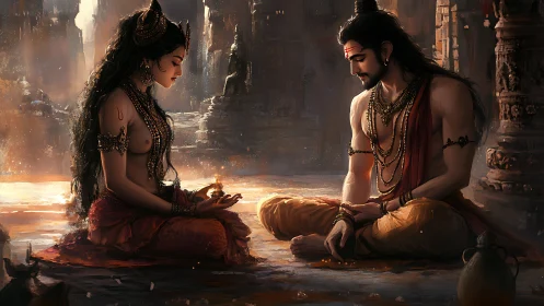 Two seated figures conduct ritual exchange in temple ruins