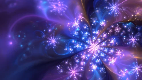 Glowing cosmic flower garden in dreamy violet and blue light.