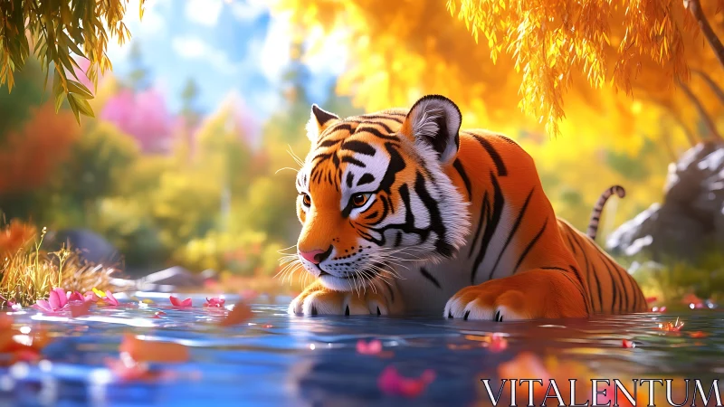 Curious tiger at autumn riverbank in luminous fantasy forest.