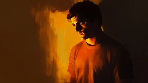 Solitary male figure in orange light against dark field.