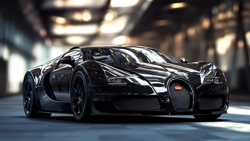 Black hypercar in glossy tunnel light reflections.