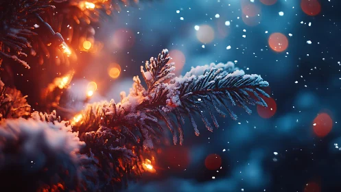 Snow-dusted fir branch with warm bokeh holiday lights.
