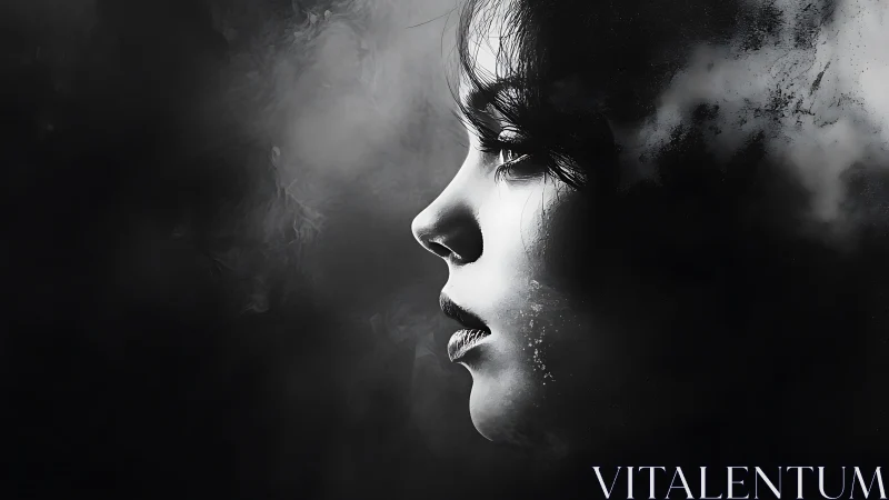 Softly lit profile emerging from dreamy swirling shadows.