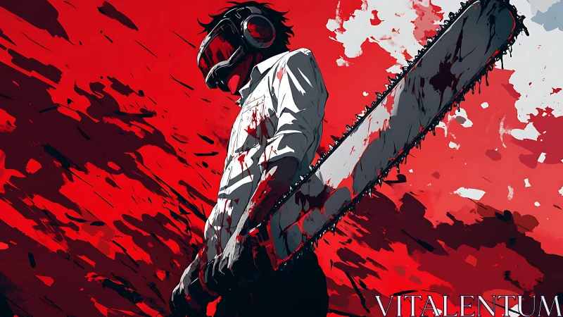 Helmeted antihero wields bloodstained chainsaw in dynamic profile