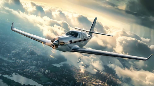 Sleek single engine aircraft cuts through sunlit city clouds