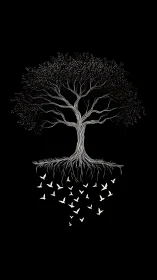 Monochrome arboreal system with avian roots in transition.