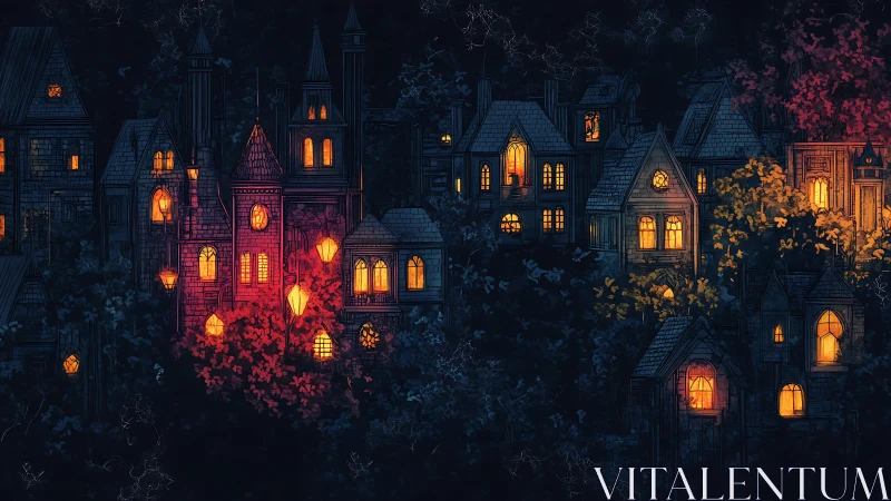 Lantern-lit gothic village glows through the midnight forest.