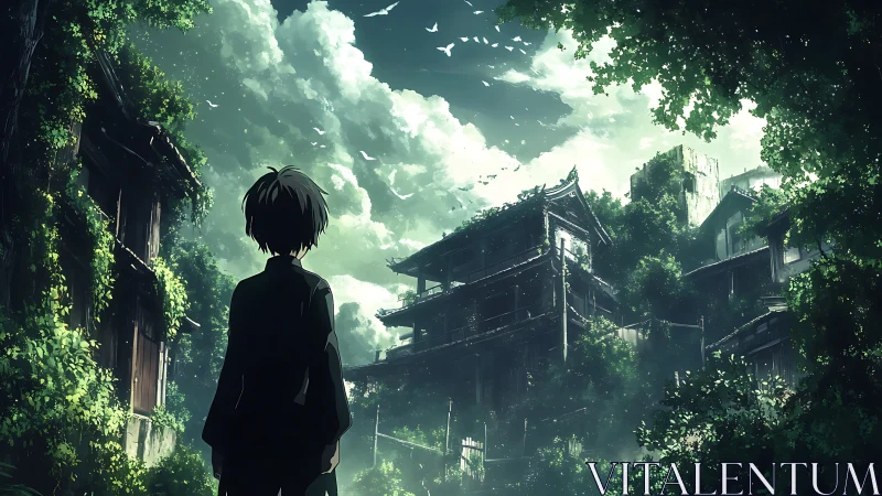 Solitary figure before dense overgrown urban ruins at dusk.