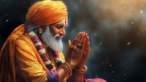 Elderly guru bows in radiant cosmic light of quiet devotion