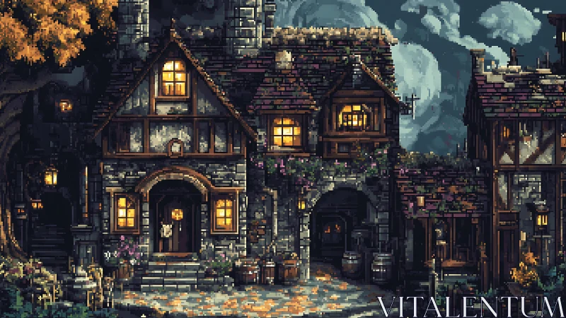 Medieval tavern fa&ccedil;ade under moonlit pixel art night.