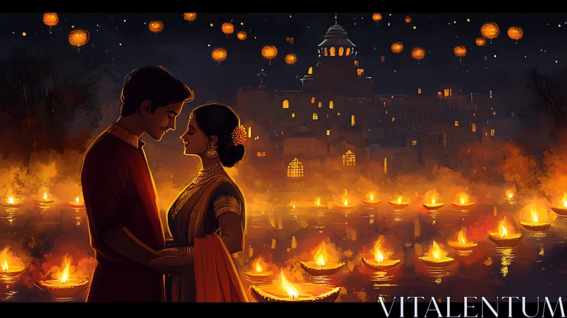 Couple by riverside lamps under night sky lanterns.