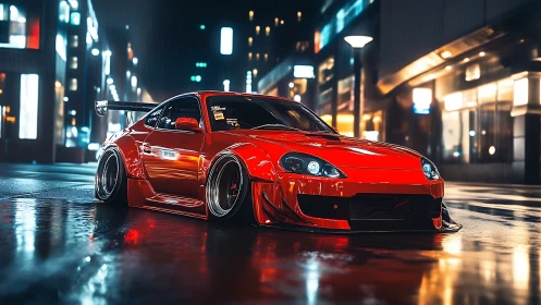 Modified red sports car stands on wet neon city street