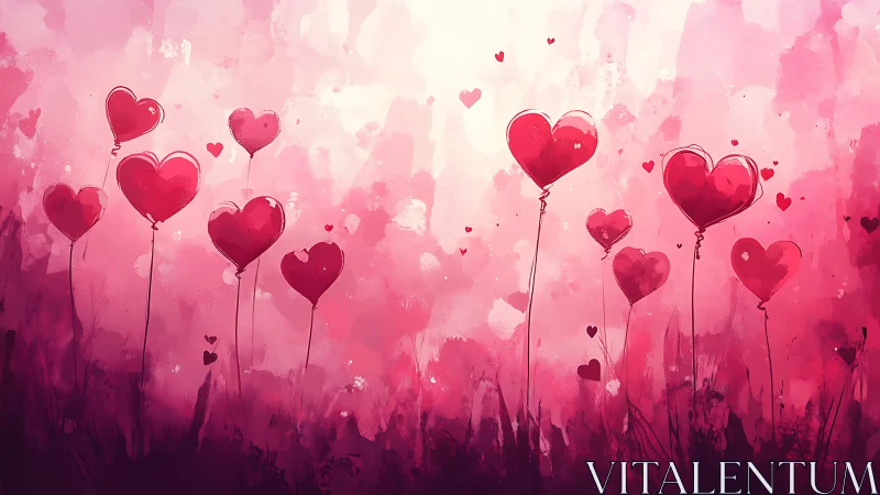 Heart-shaped balloons suspended in layered pink atmospheric landscape