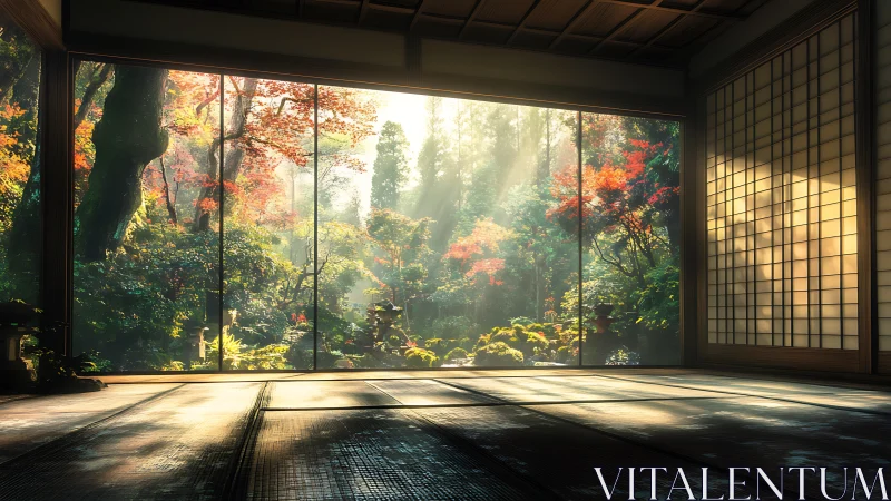 Zen tatami room with luminous autumn garden panorama.