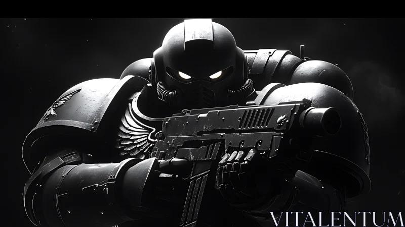 Armored sci fi soldier aims rifle in high contrast lighting