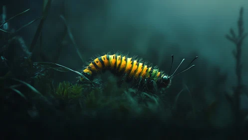 Glow-bright caterpillar wandering through a misty forest floor.