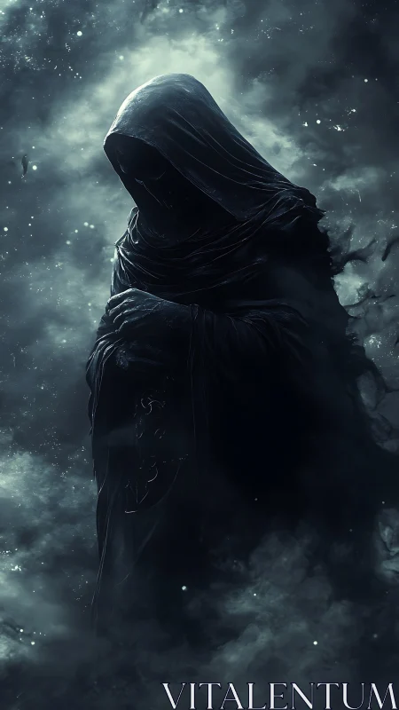 Hooded dark figure standing in dense swirling mist.