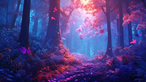 Neon Forest Path: Luminescent Woodland with Pink and Blue Glow.
