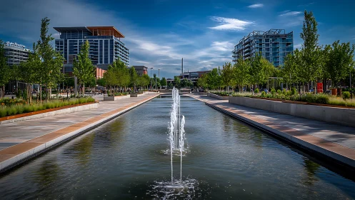 Urban canal and fountains amid modern riverside architecture.